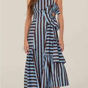 FARM Rio Blue and Brown Striped Midi Dress
